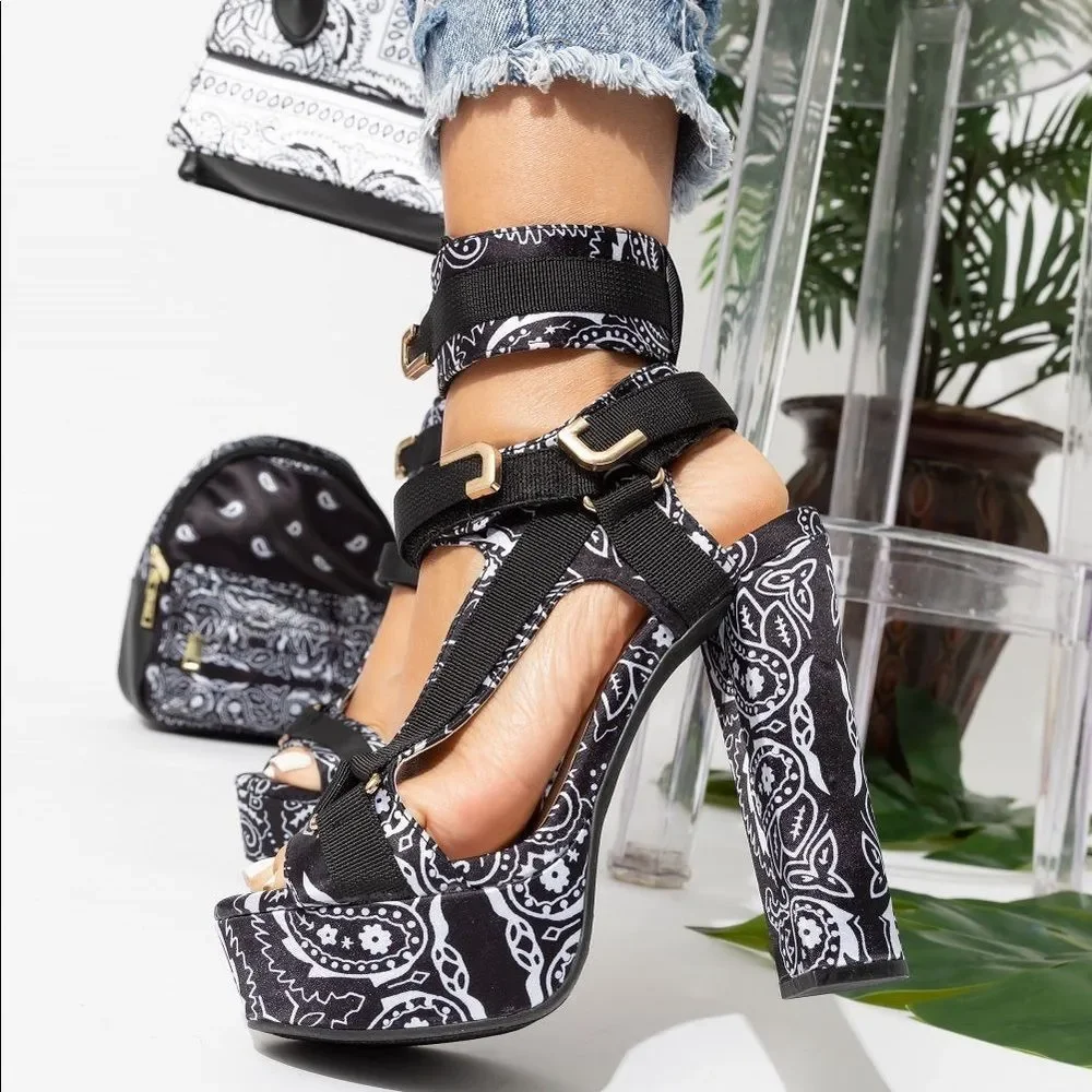 Black Bandana Strap Block Heel
